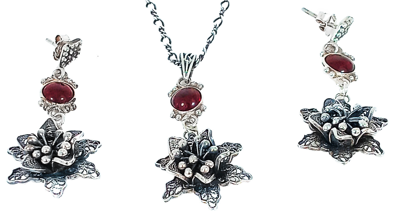 Vintage 925 Sterling Silver Garnet 3D Filigree Floral Necklace & Earrings Set