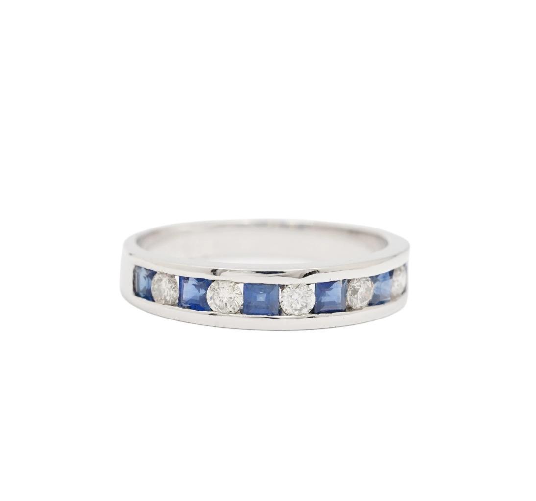 14K White Gold Ring 0.50ct Square Cut Blue Sapphires & 0.25ct Diamonds Size