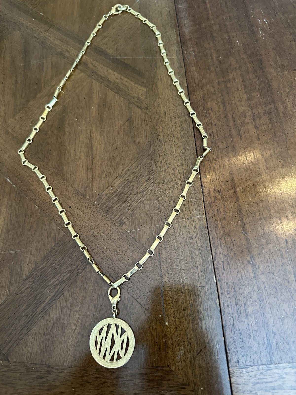 Vintage DKNY Donna Karan Pendant Statement Necklace Long Gold Tone Chain Signed!
