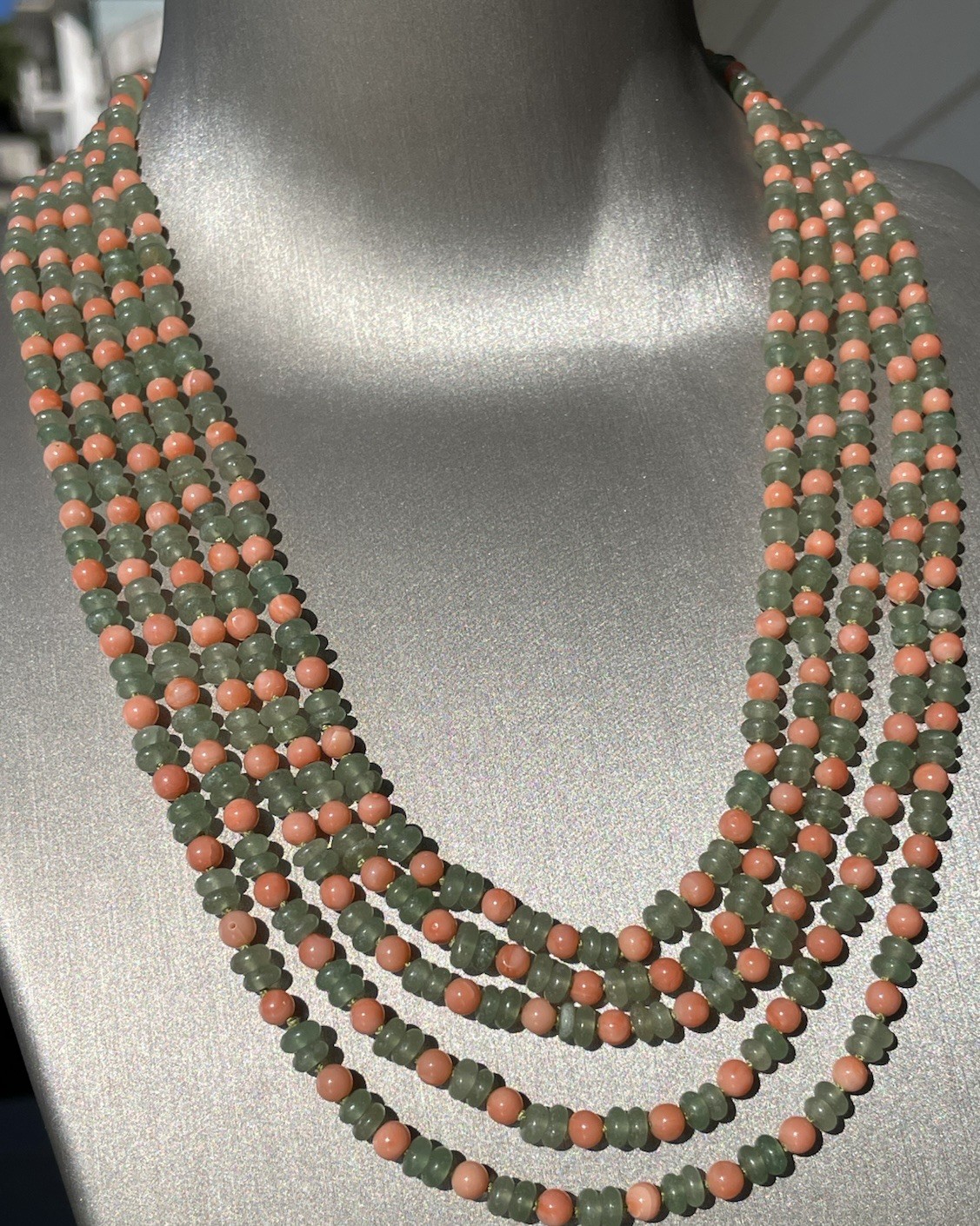 Multifilament Aventurine And Pink Coral Necklace