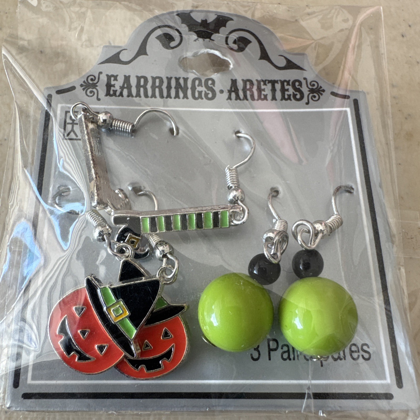 Earrings Halloween 3 Pair Sets Jack O Lanterns Stockings, Green And Black Balls