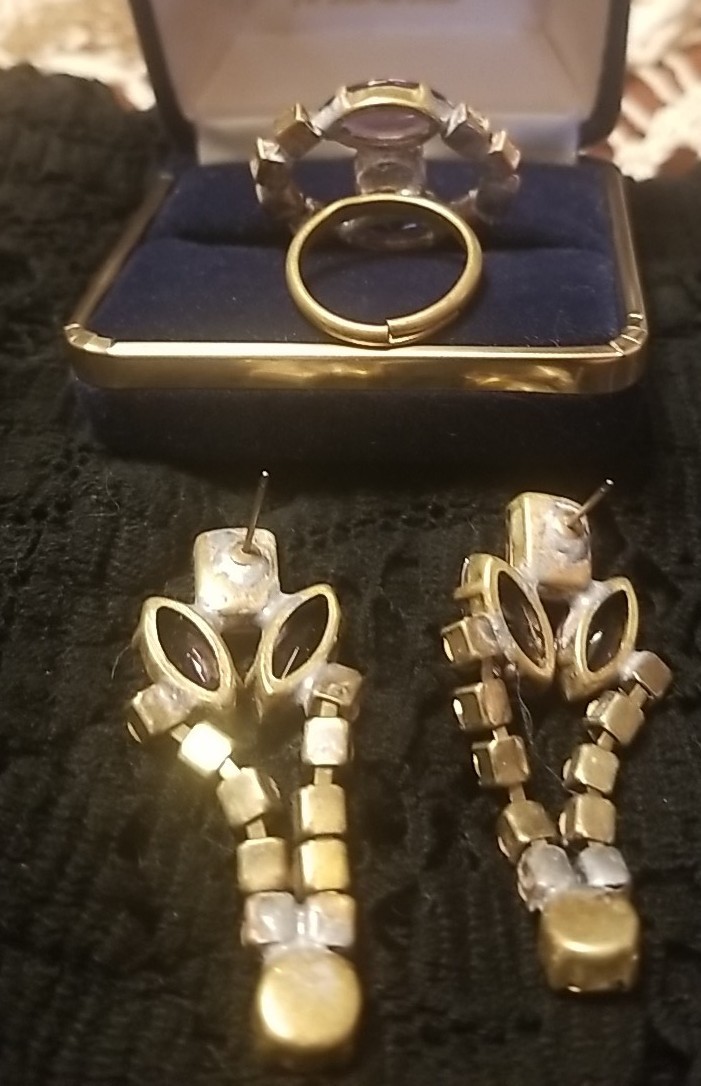 Antique, BIJOUX MG, Earrings&Ring Set, Rhinestones, Ring Size 8, Dark Pink, Gray