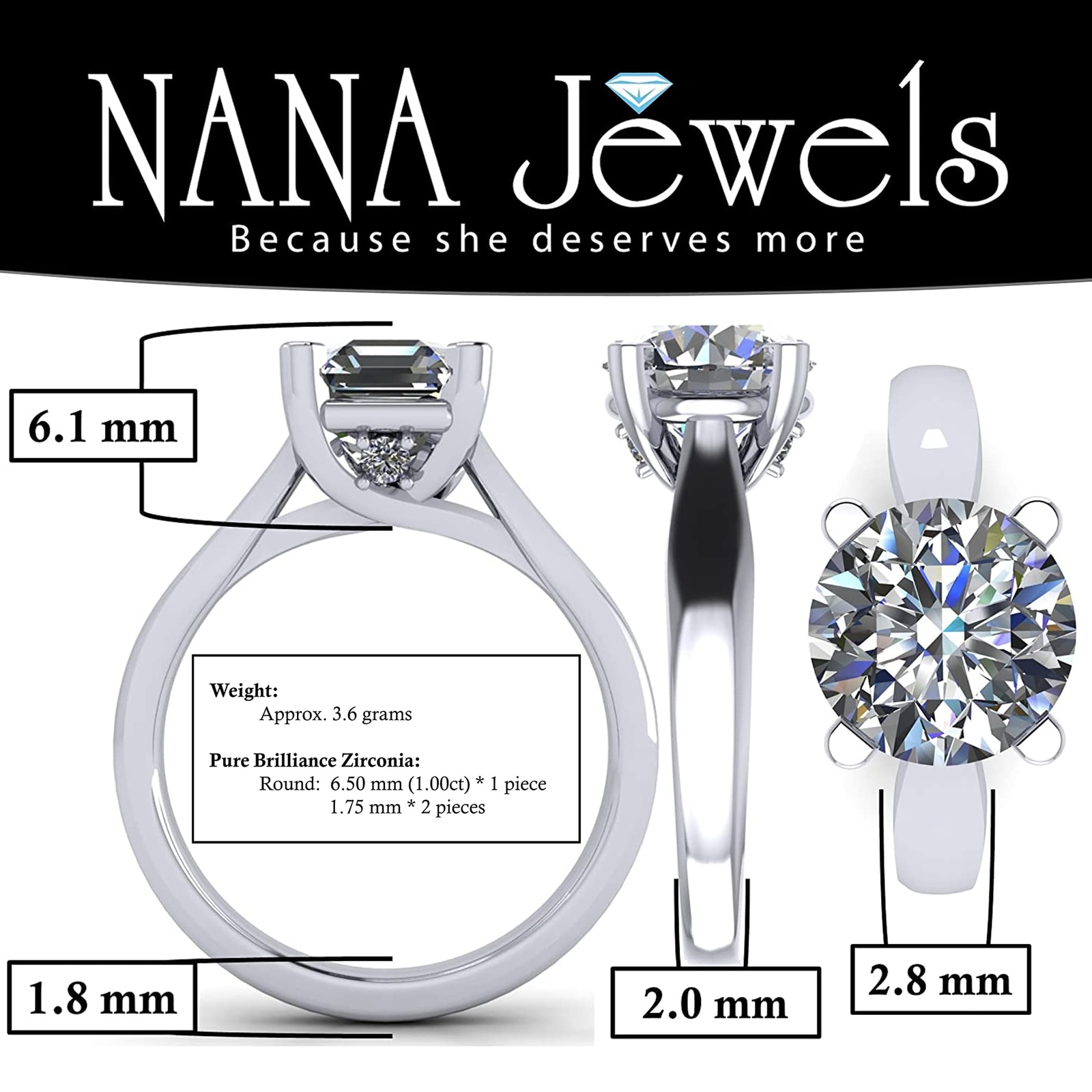 NANA Jewels Lucita Solitaire Round Cut Engagement Wedding Ring- Sterling Silver