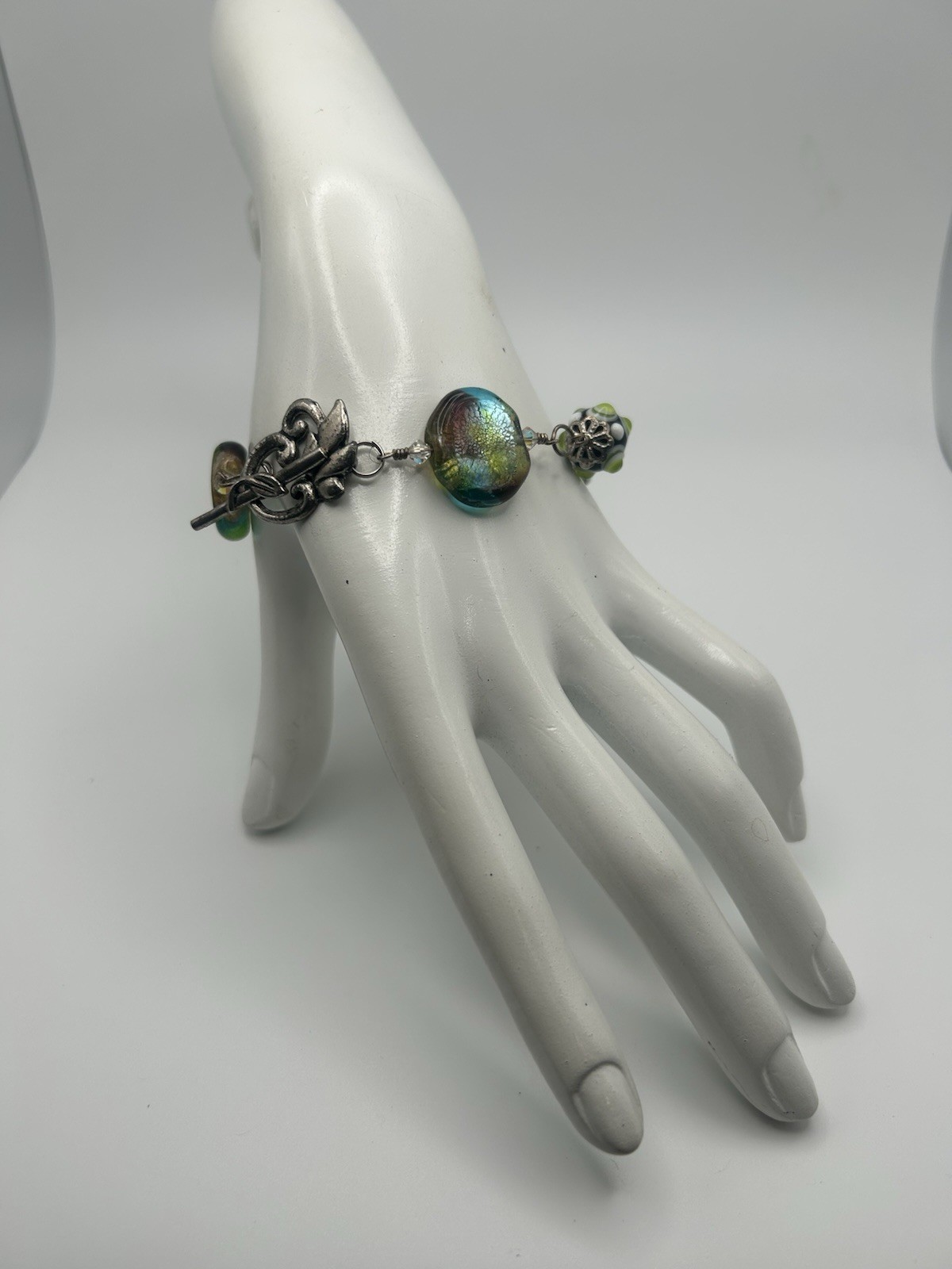 Vintage Artisan Iridescent Dichroic Glass & Bumpy Lampwork Bead Toggle Bracelet