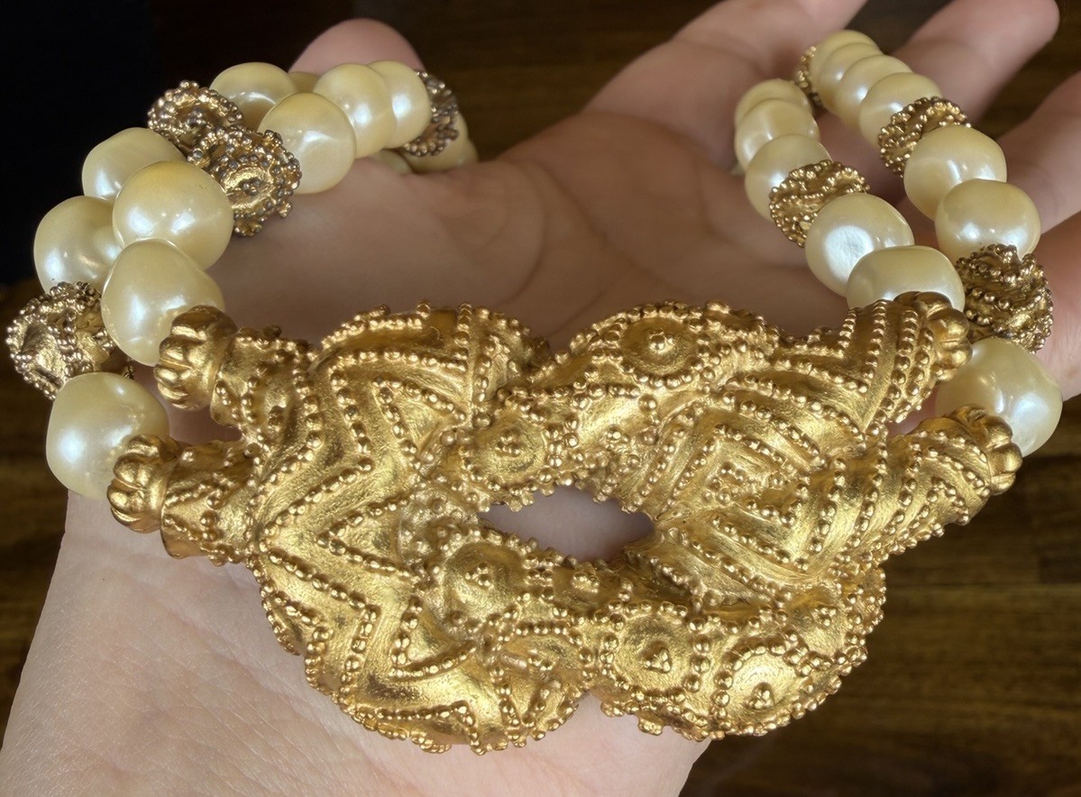 Franklin Mint Mary McFadden Beaded Pearl Necklace 1988 Etruscan Gold Plated