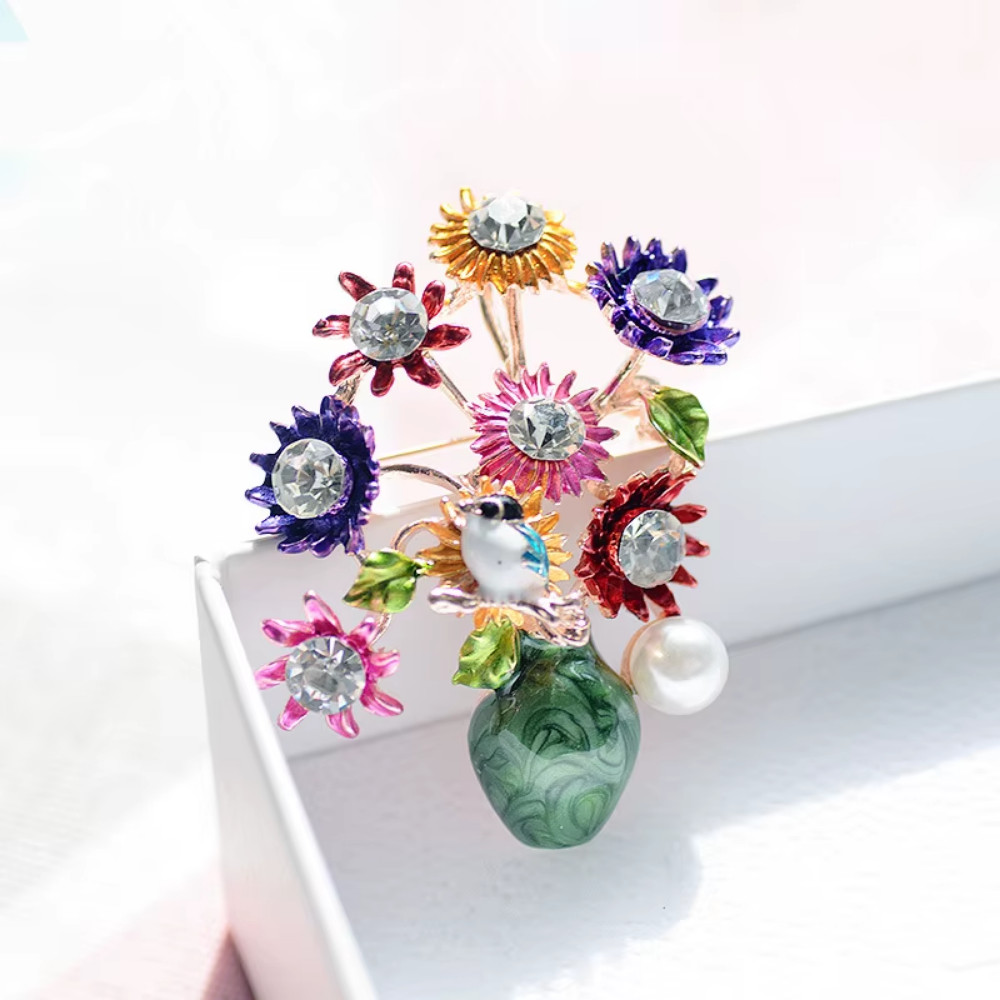 Luxury Rhinestone Flower Bouquet Brooch Gold Bird Pin Spring Summer Jewelry Gift