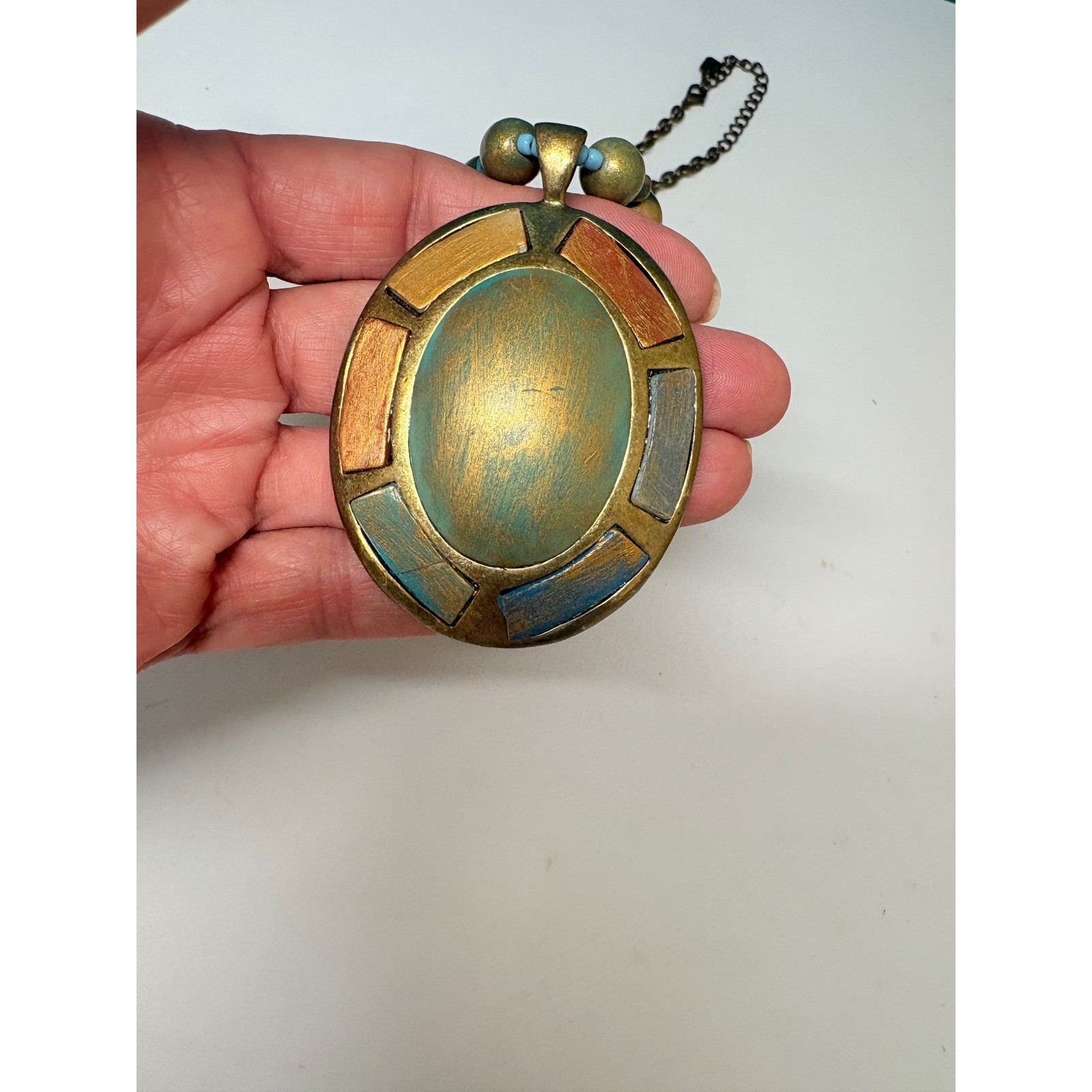 Moussa Artisan Brass Beaded Statement Necklace Teal Gold Oval Pendant Boho