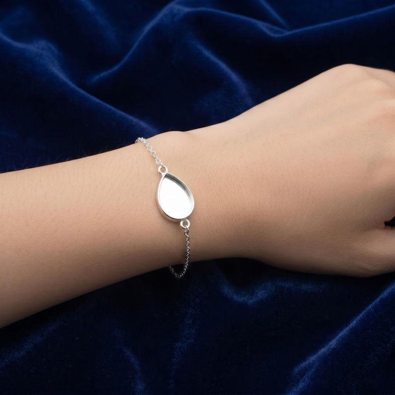 925 Sterling Silver 5x7mm Pear Shape Bezel Bracelet Handmade DIY Jewelry Setting