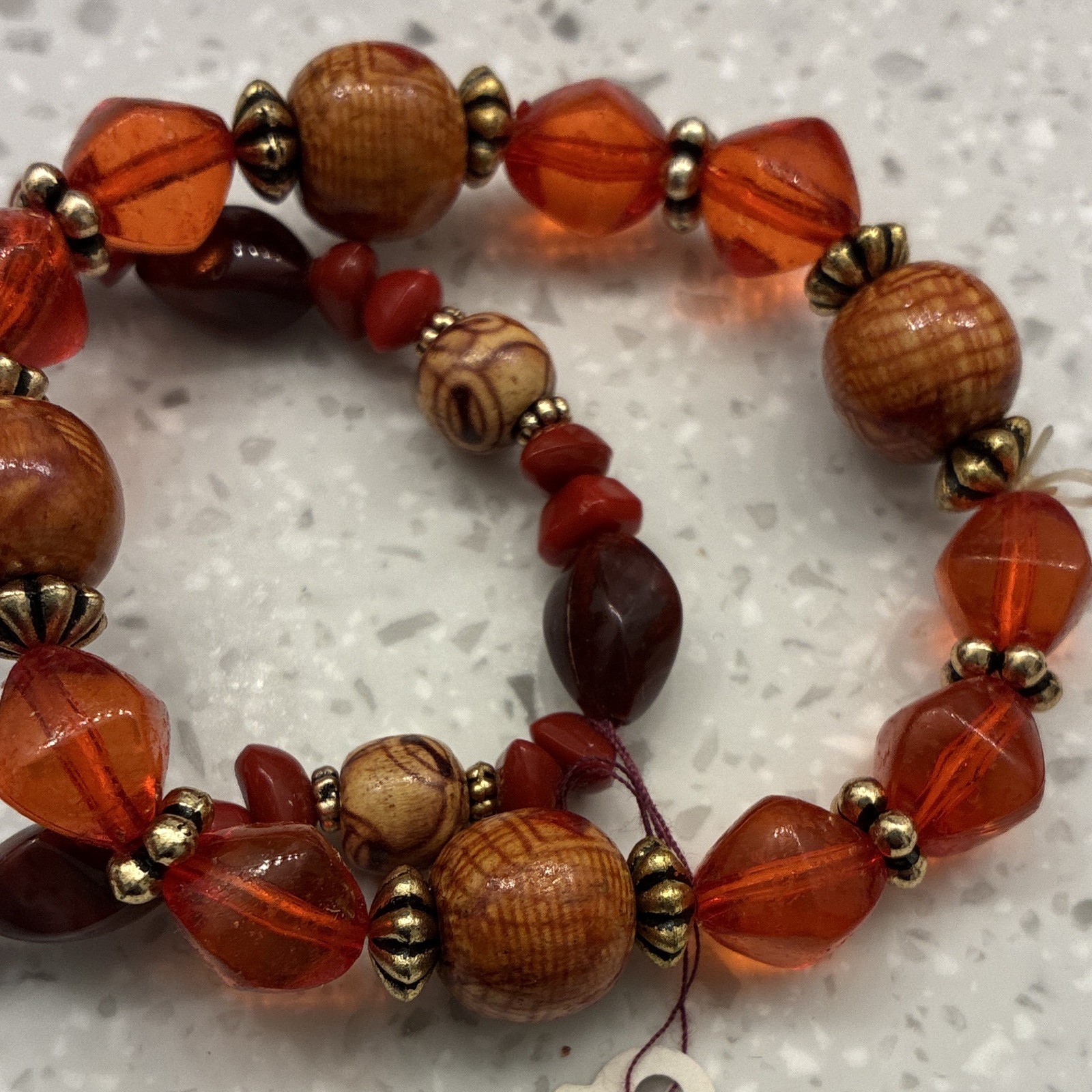 Set of 2 Beaded Stretch Bracelets Stackable Wood Glass Orange Red Brown