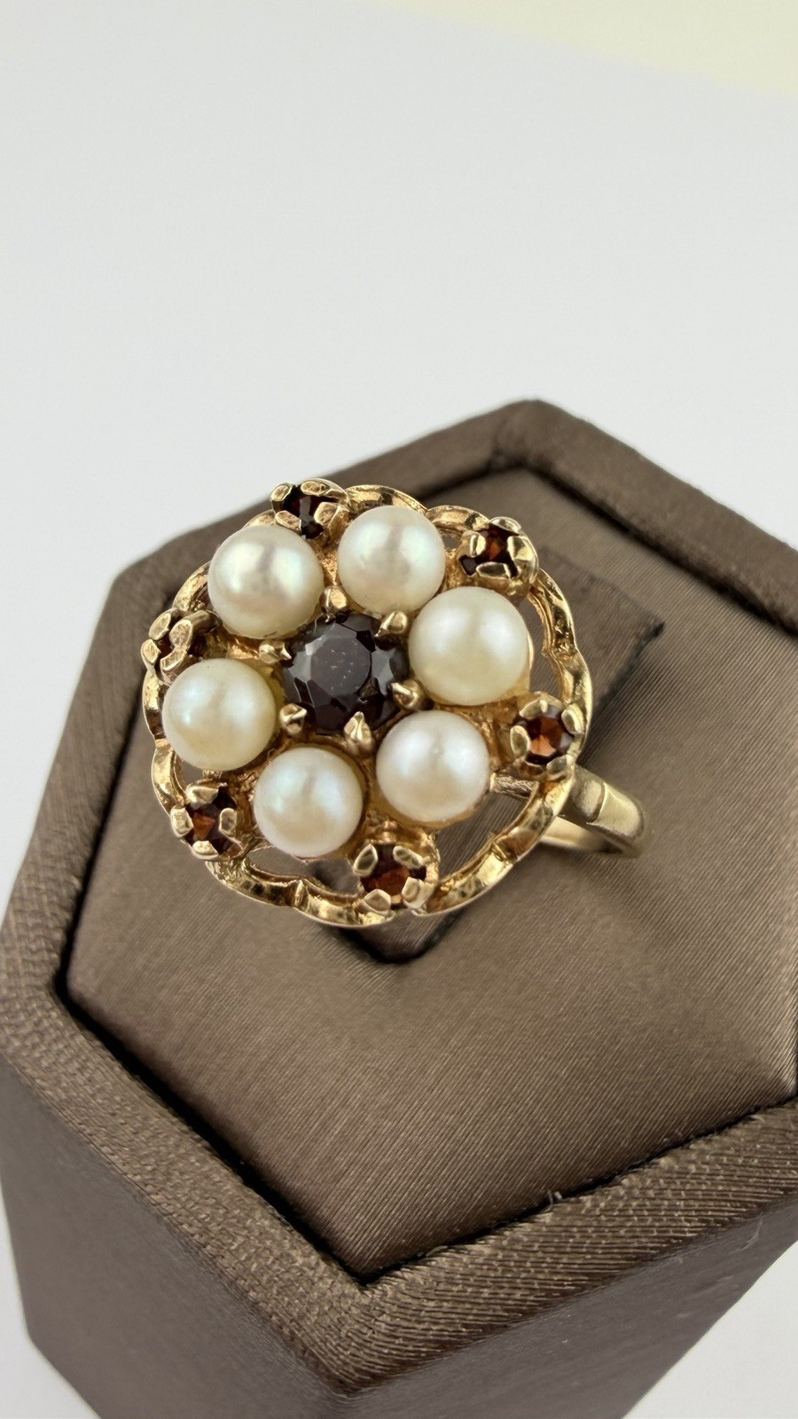 Pearl And Garnet 9ct Gold Ring , Vintage And Hallmarked Yellow Gold