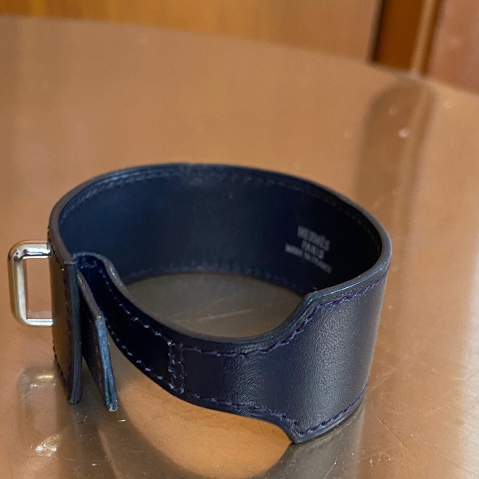 Hermes Navy Blue Leather Artemis 1” Bracelet Silver NWOT Classic Luxury Unisex