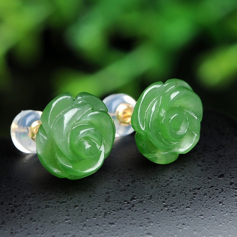 Hand Carved Green Jade Rose Flower Floral Healing Dainty Stud Earrings for Women