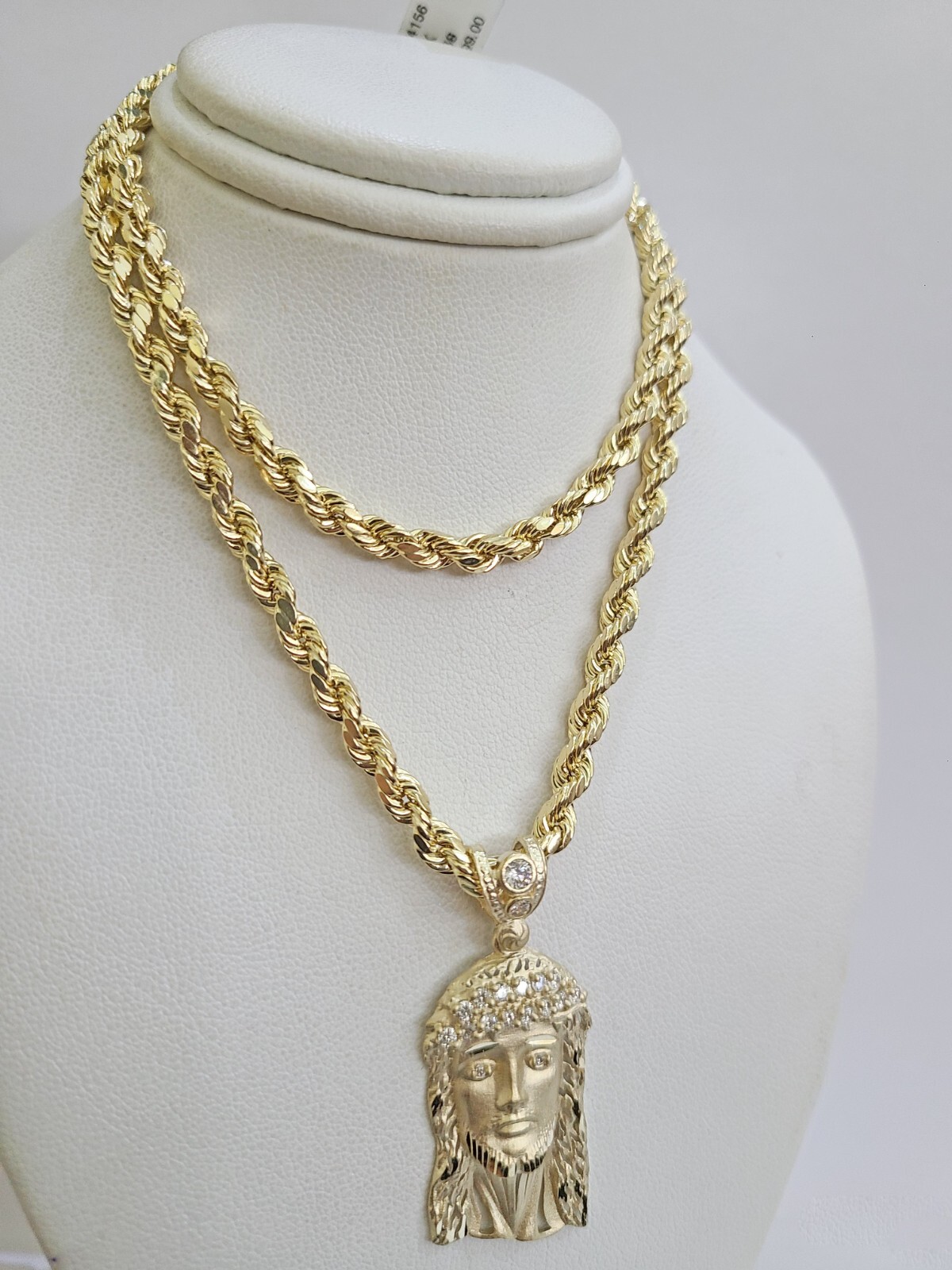 REAL 10k Rope Chain Jesus Head Charm Pendant 4mm Necklace Set 18″-28″ in