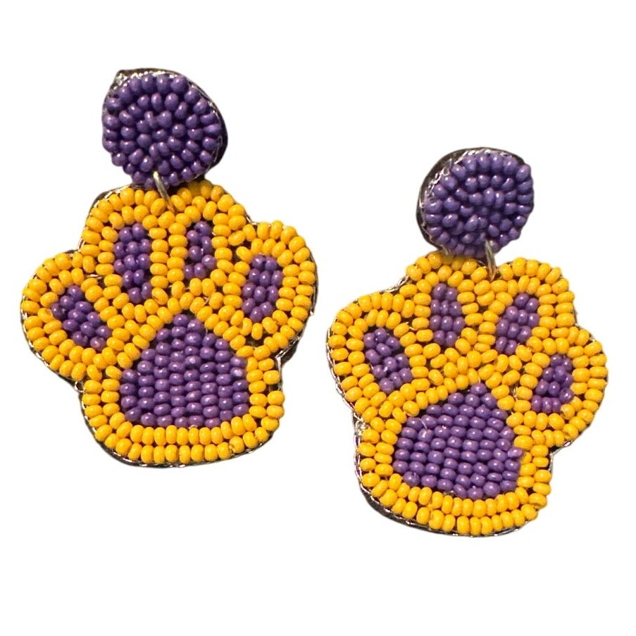 Purple & Gold Beaded Paw Print Earrings/Geaux Tigers/LSU Earrings/Gift for Her