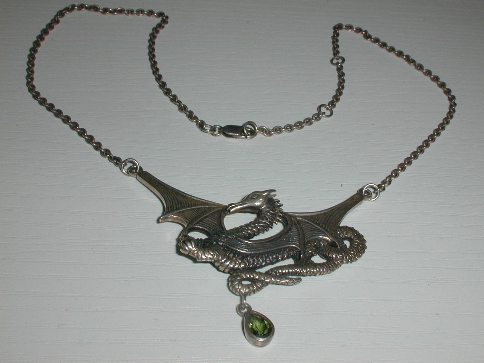 VINTAGE STERLING PSCL- MOLDAVITE DRAGON NECKLACE- ADJUSTABLE LENGTHS-16, 17, 18″
