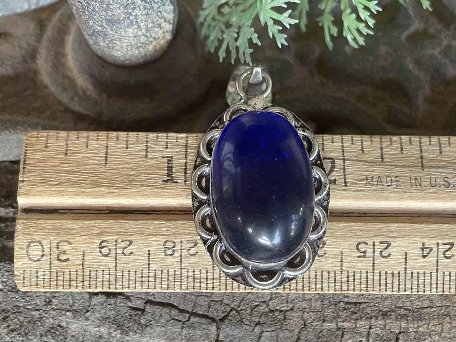 Sterling Silver 925 Cobalt Blue Glass? Cabochon Oval Pendant Vintage Style Boho