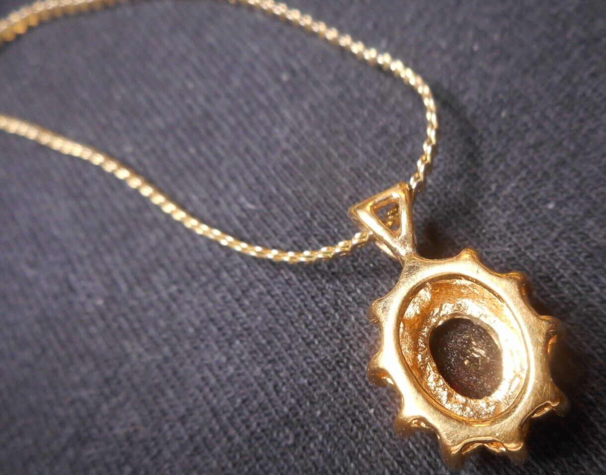 Necklace Pendant Gold Tone Ruby Faceted Rhinestone Halo Korea Chain 15 1/2in