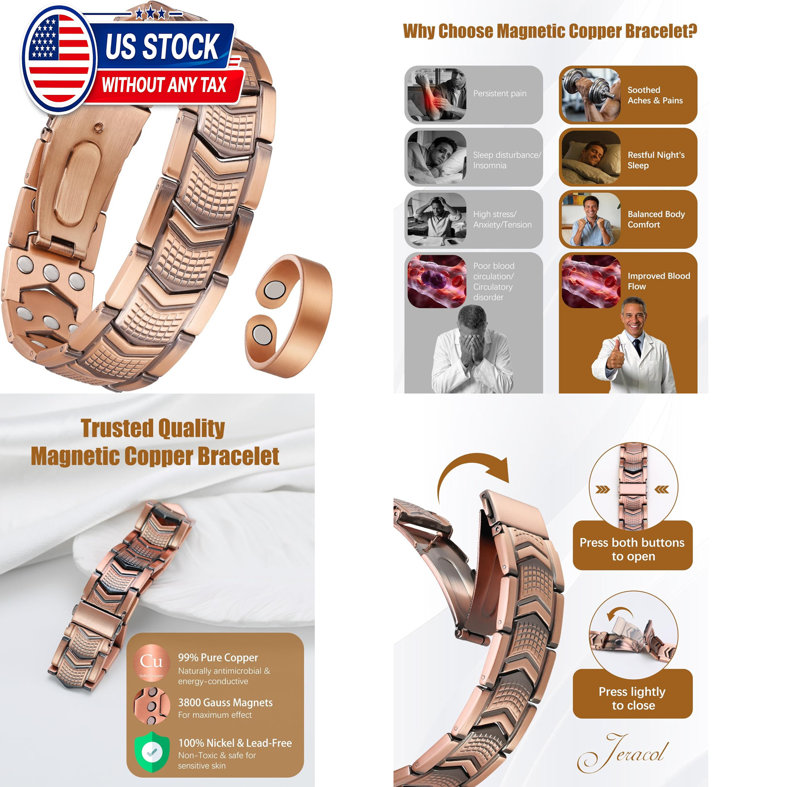 Jeracol 3X Strength Magnetic Copper Bracelet for Men – 99.9% Pure Copper