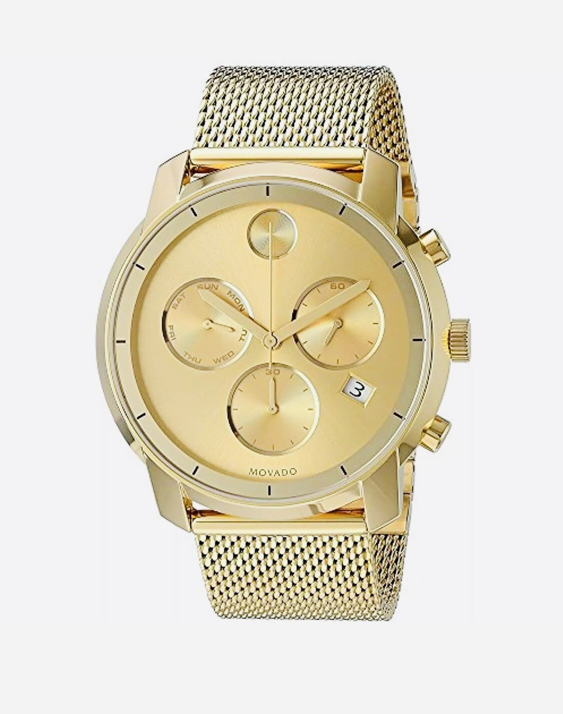 Brand New Movado Bold Men’s PVD Yellow Gold 44mm Mesh Band Watch 3600372