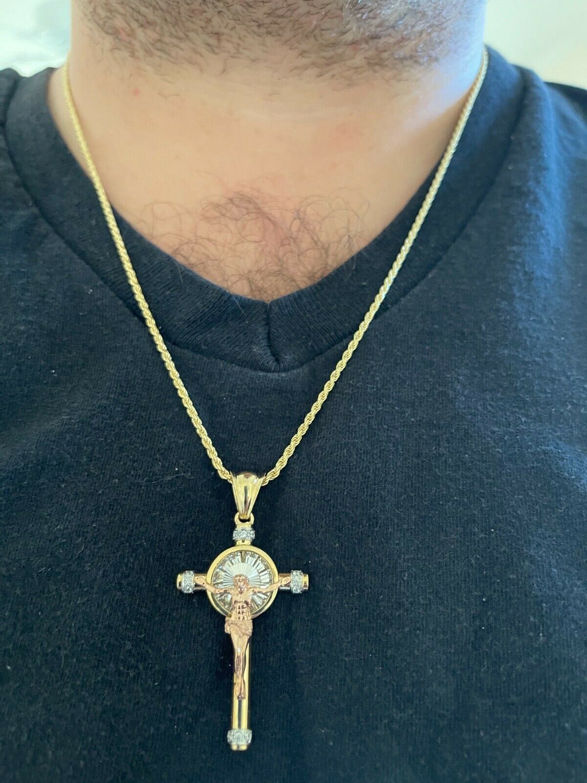 Solid 925 Silver Cross W. Jesus Pendant Yellow & Rose Gold Plated Necklace CZ