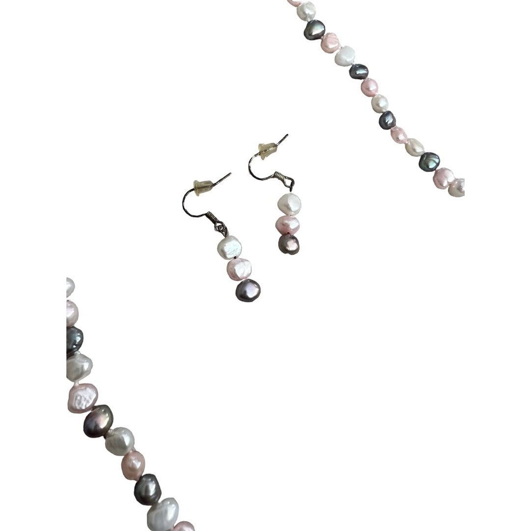 Freshwater Multicolor Pearl Necklace and Earrings Set Pink Gray White Dangle Ear