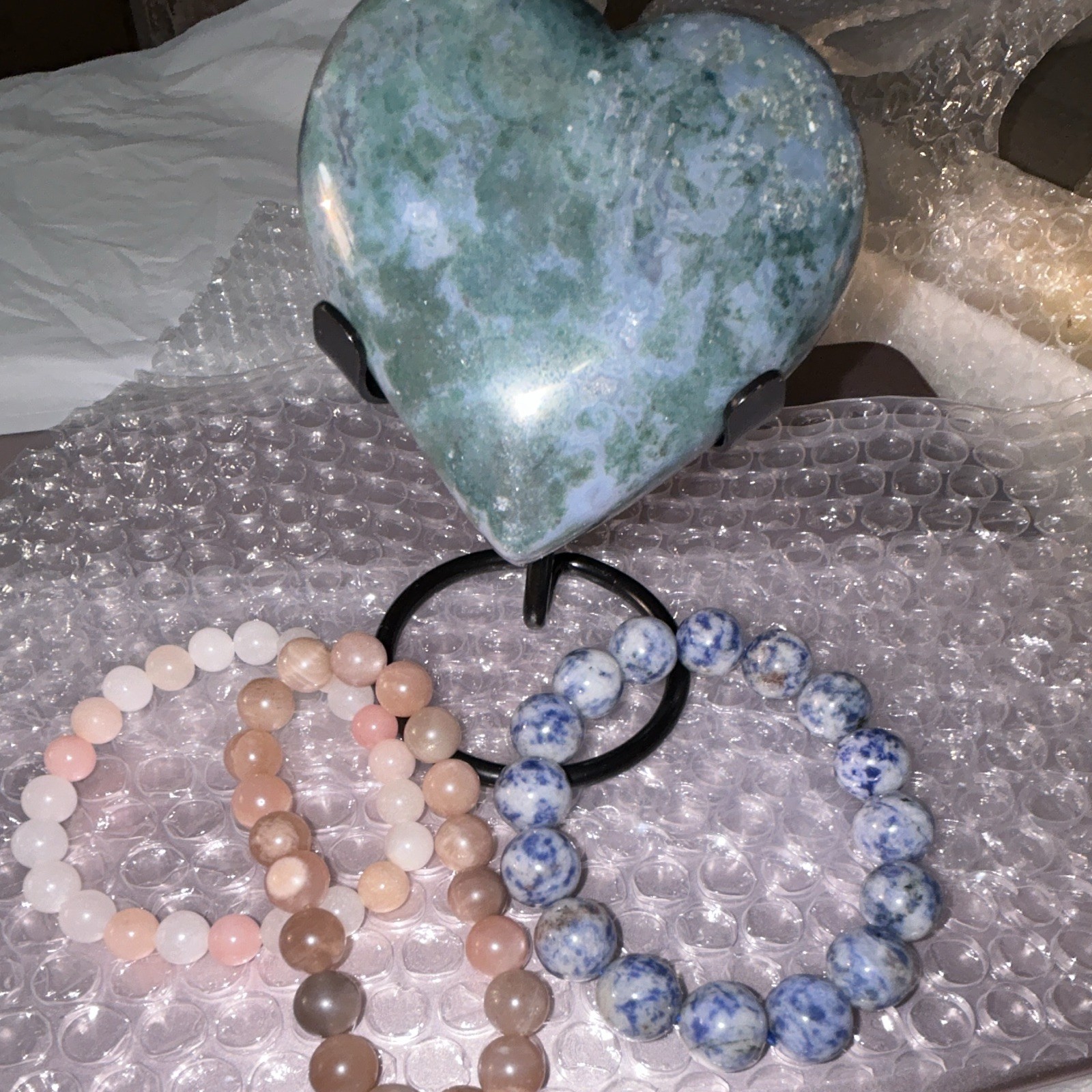 Large Moss Agate Heart with Gemstone Bracelet Set k