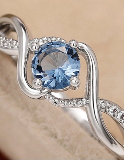 Silver-Plated Copper Blue Round CZ White/Colorless Inlay Ring Size 7