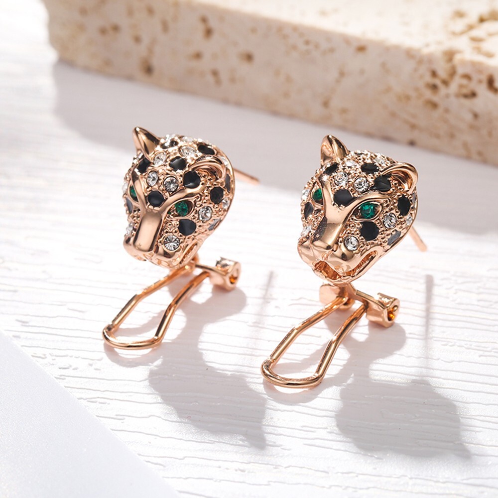 Animal Leopard Panther Jaguar Clear and Black Cubic Zirconia Leverback Earrings