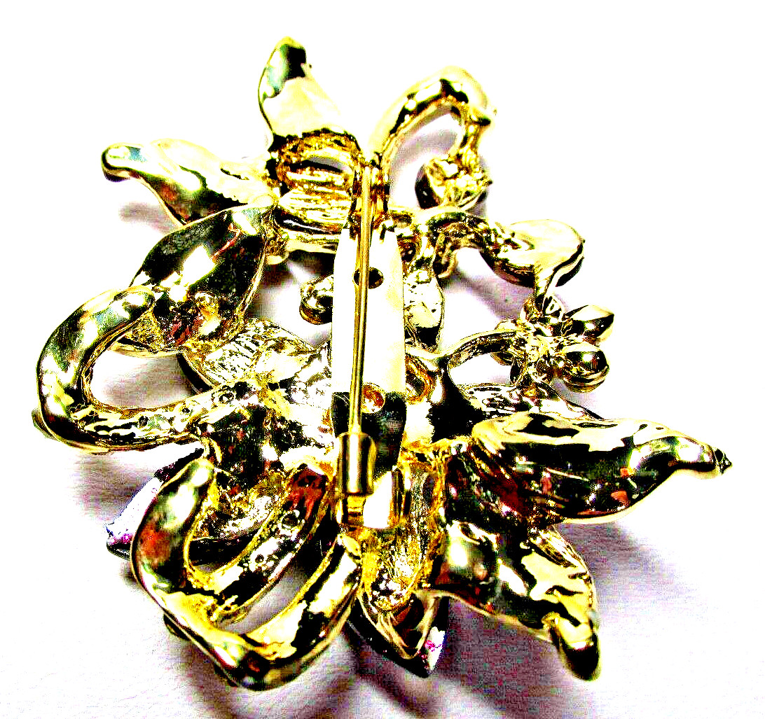 Women’s Gold Tone Brown & Clear Crystal Flower Pin Brooch – NWOT – (#2359)