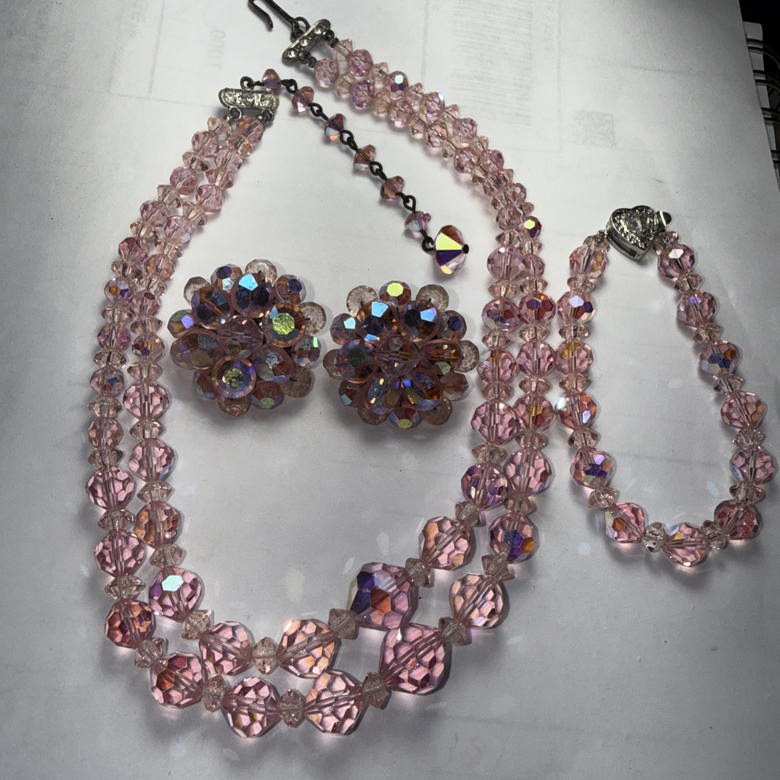 Necklace Bracelet Earrings Set Pink AB Crystal Vintage Marriage?