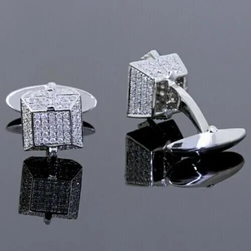 2CT Round Lab Created Diamond Men’s Casual Shirt Cufflink 14K White Gold Plated