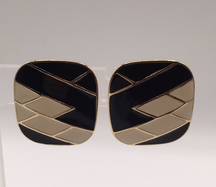 Vintage Trifari Black Cream Enamel Geometric Gold Tone Clip On Earrings Retro