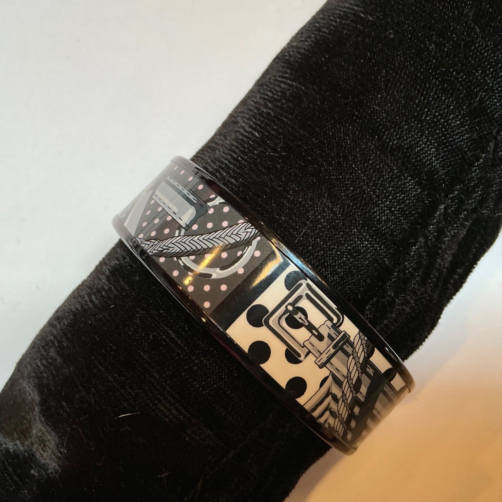 HERMES Enamel PM 65 Wide Bangle Bracelet Black rim, Black white CLIC CLAC A POIS