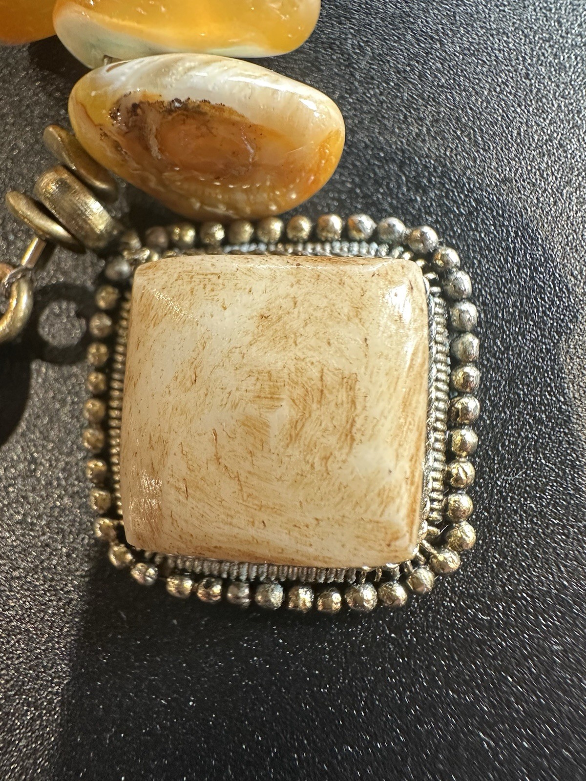 VTG 7.5” Polished Stone Bracelet W/Square Scrollwork Pendant & Toggle Clasp