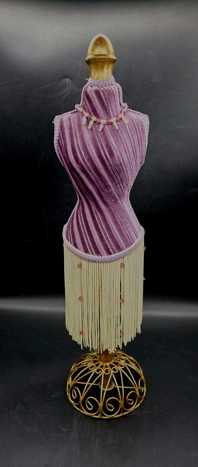 Vntg Flapper Style Table Top Bust Form Purple Velvet Fringe Mannequin 18¼”