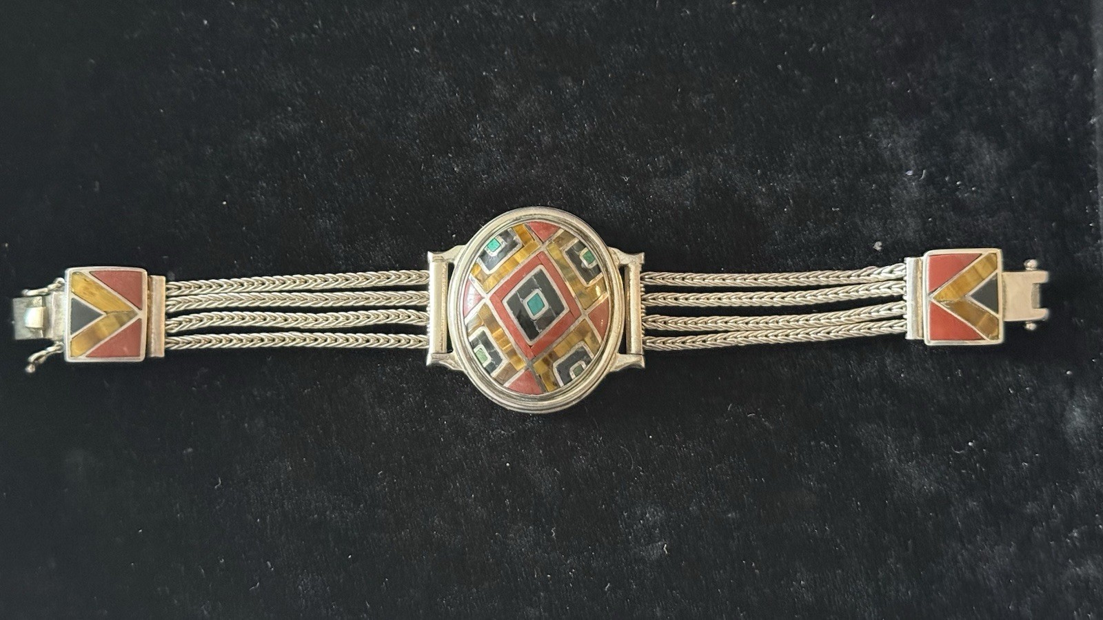 950 Silver Peru Multi Gemstone Oval Inlay Braided Chain Bracelet – 7.5”Long