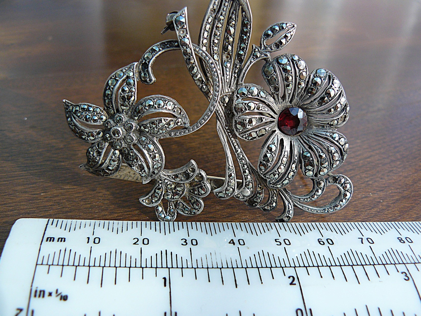 Antique sterling silver marcasite floral brooch garnet centre Art Nouveau 24g