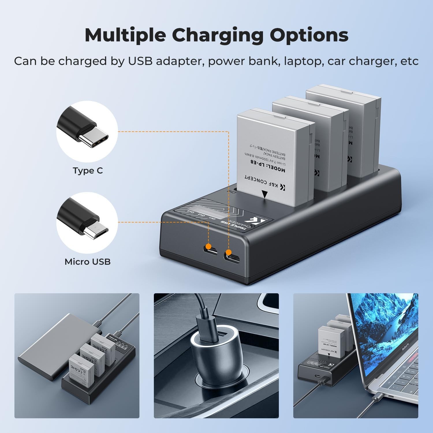 K&F CONCEPT 3-Pack LP-E8 Battery and Upgraded LCD Charger Compatible with…