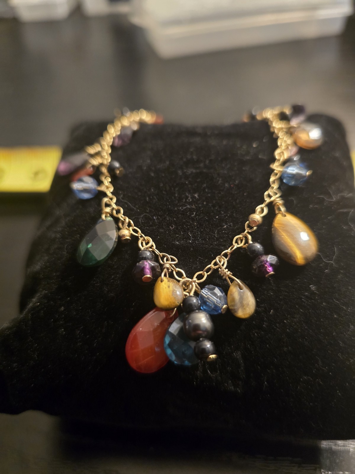 Gold Tone Cable Chain Teardrop Charm Necklace Multicolor Beads 16 in Spring