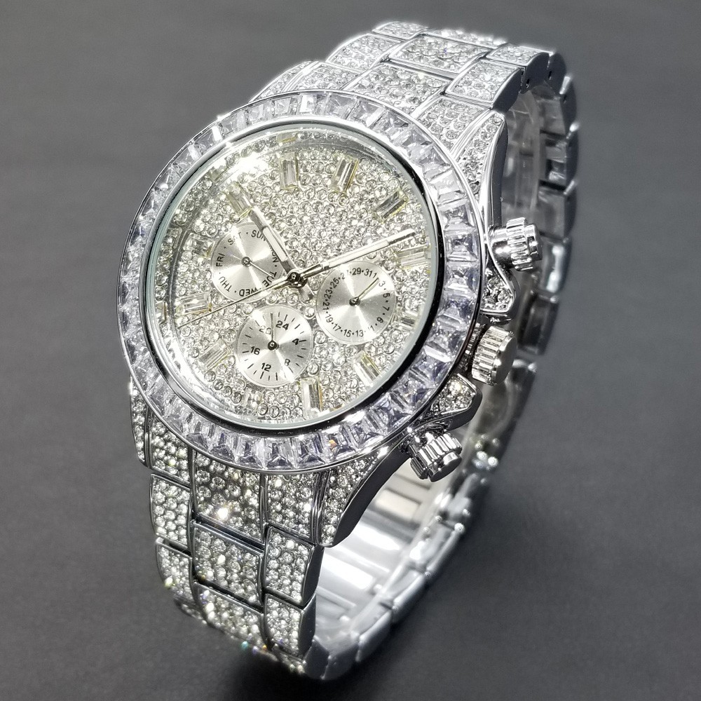Hip Hop Luxury Silver Ice out Men’s Watch Iced King Bling Waterproof Cz Diamond