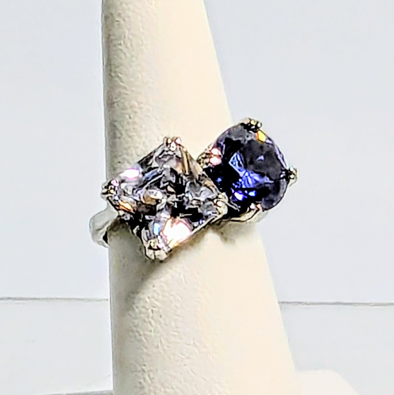 Sterling Silver Moissanite & Iolite Cushion Cut Ring 4.9ctw & 3.87 Ctw Size 6.5