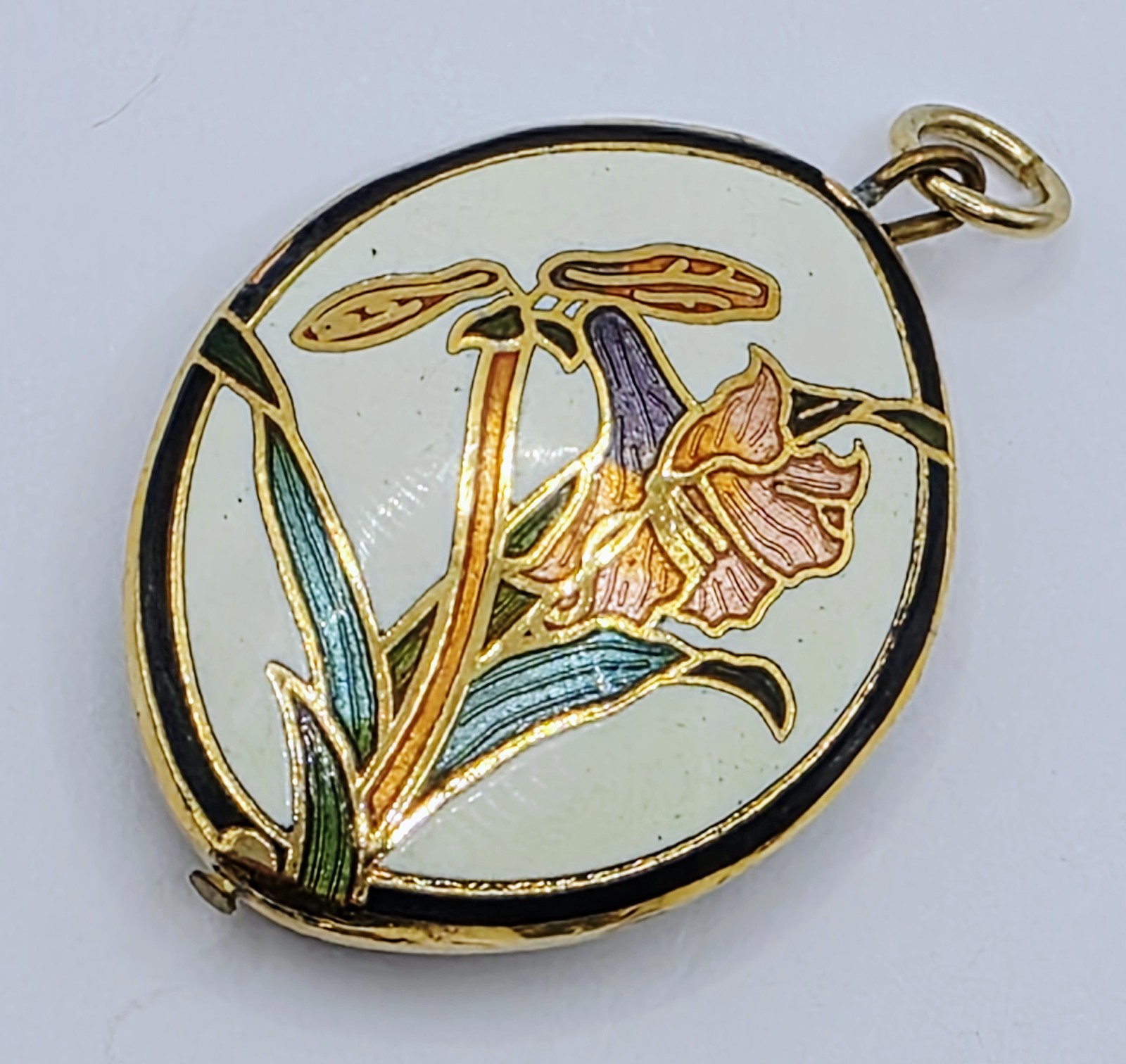 Vintage Cloisonné Green Purple Gold Amaranthus Flower Floral Oval Pendant Estate