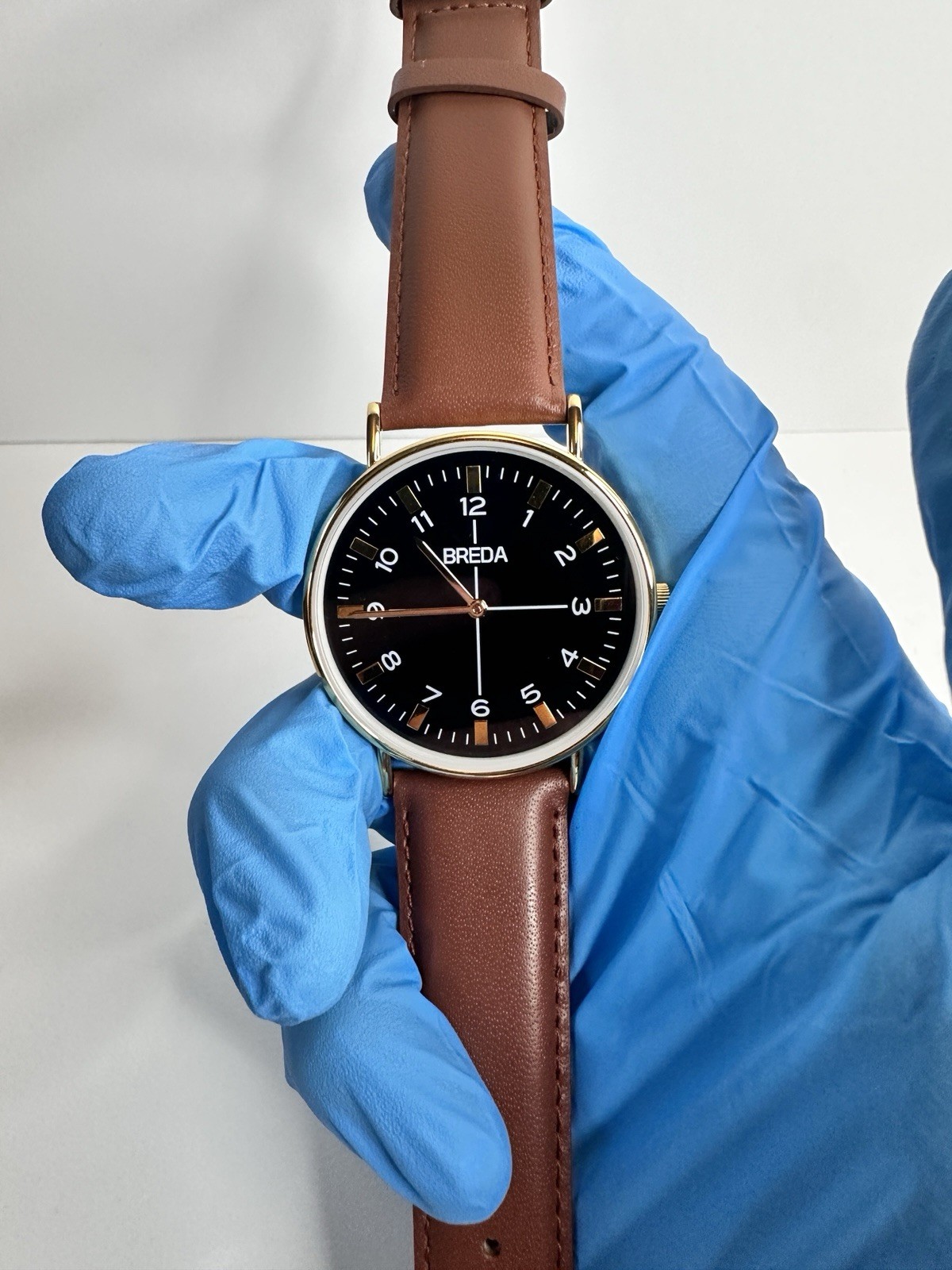 BREDA Belmont 1646B Gold Black Dial Brown Leather Watch New in Box Working 41mm