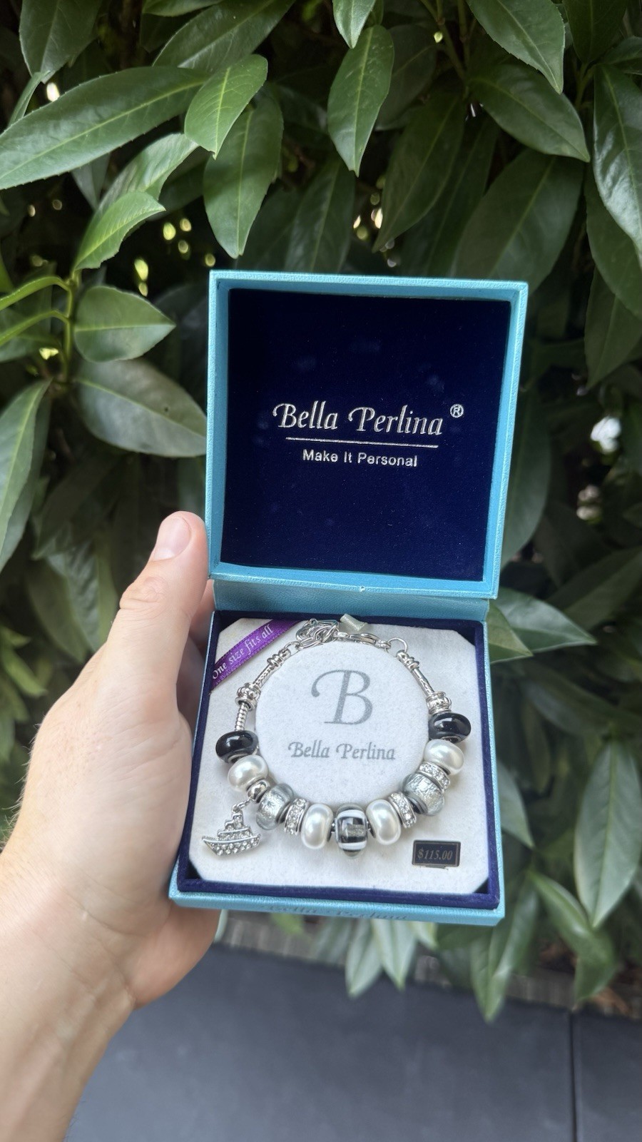 Bella Perlina Charm Bead Bracelet Silver Tone Glass Pearl Crystal w/ Gift Box