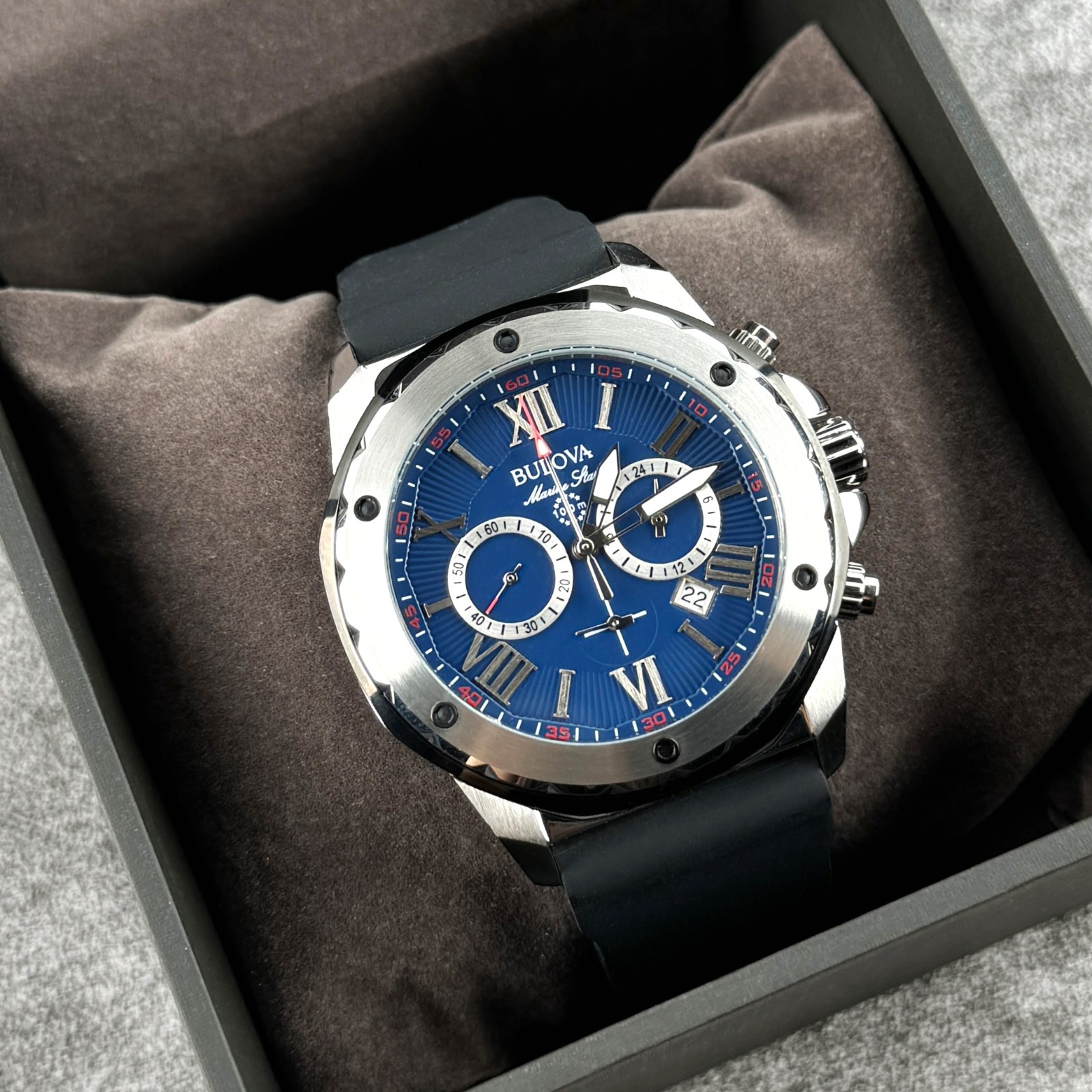 BULOVA Men’s Marine Star A Dark Blue Dial Chronograph Quartz Watch 98B258