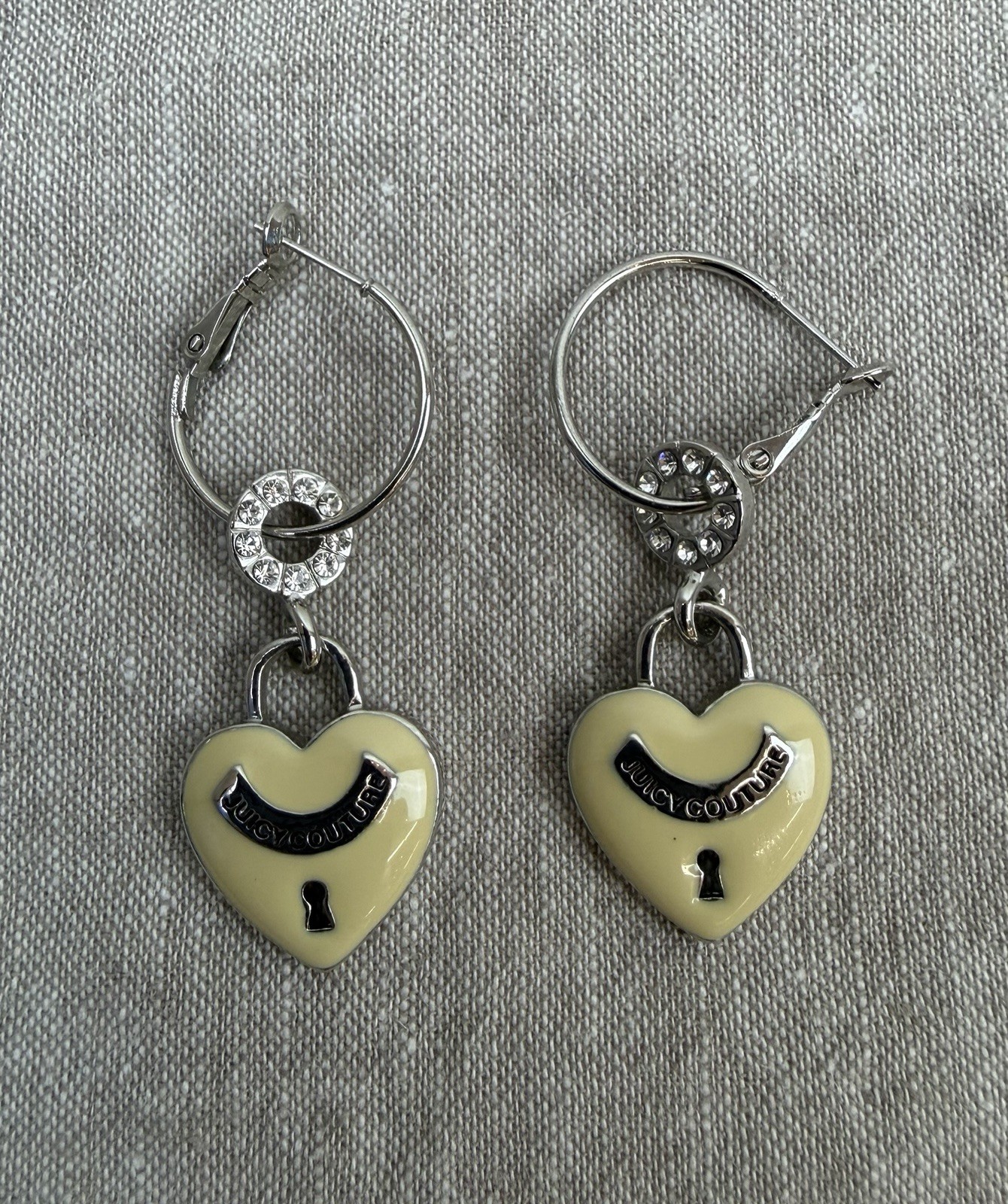 Juicy Couture Cream-Tone Enamel Heart Keyhole Dangle Earrings Rhinestones