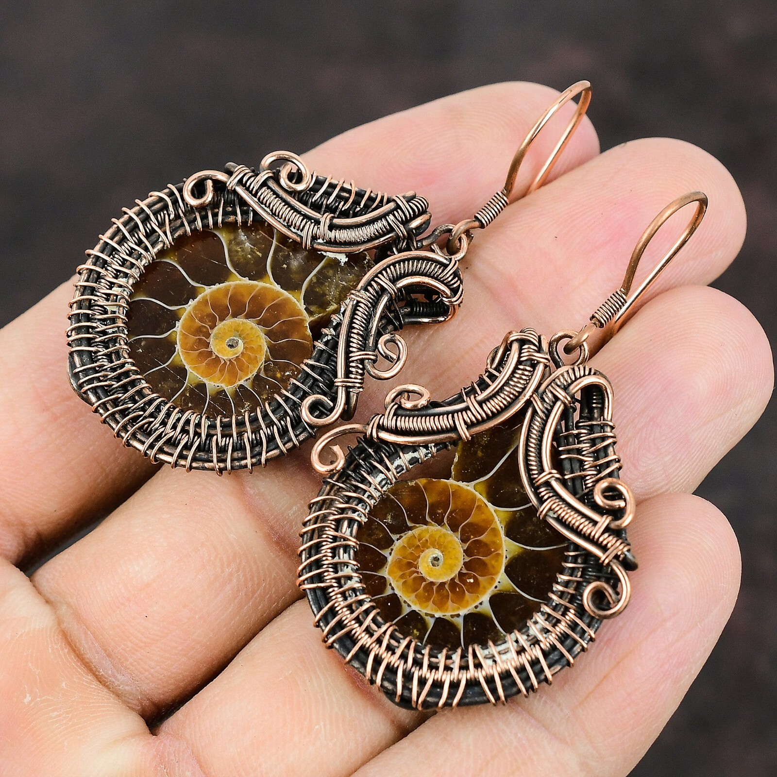Ammonite Fossil Copper Valentine Gift Wire Wrapped Drop/Dangle Earrings 2.24″