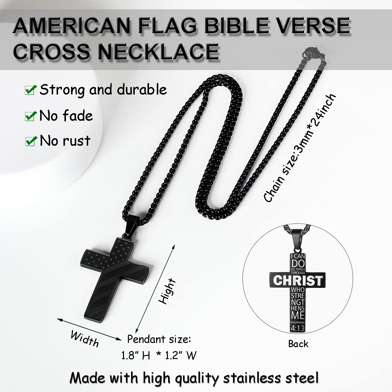 American Flag Cross Necklace for Men Stainless Steel Chain 24inch Bible Verse…