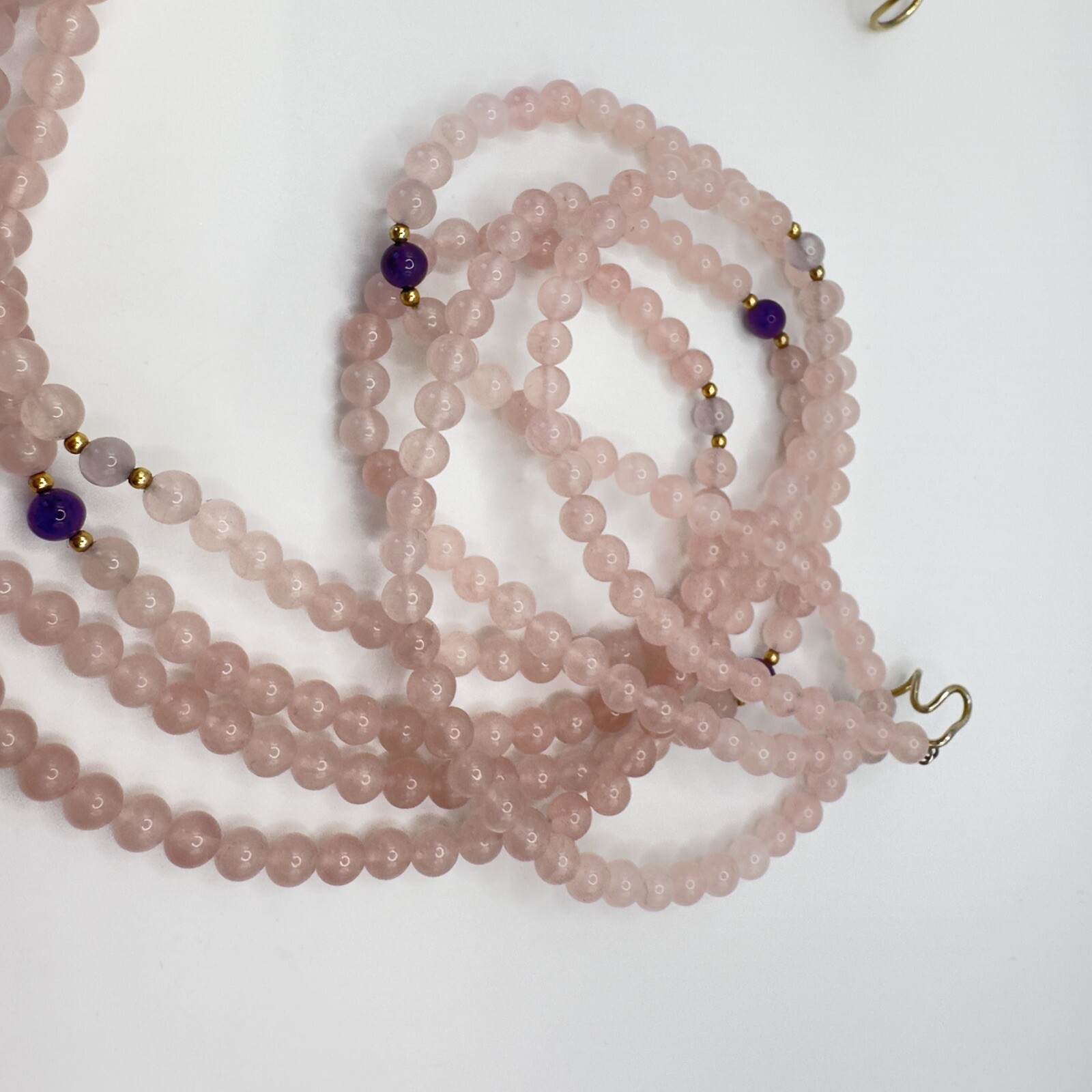 Rose Quartz Necklace with Amethyst & Gold Tone Spacer Accents 4 Strands & 24 In