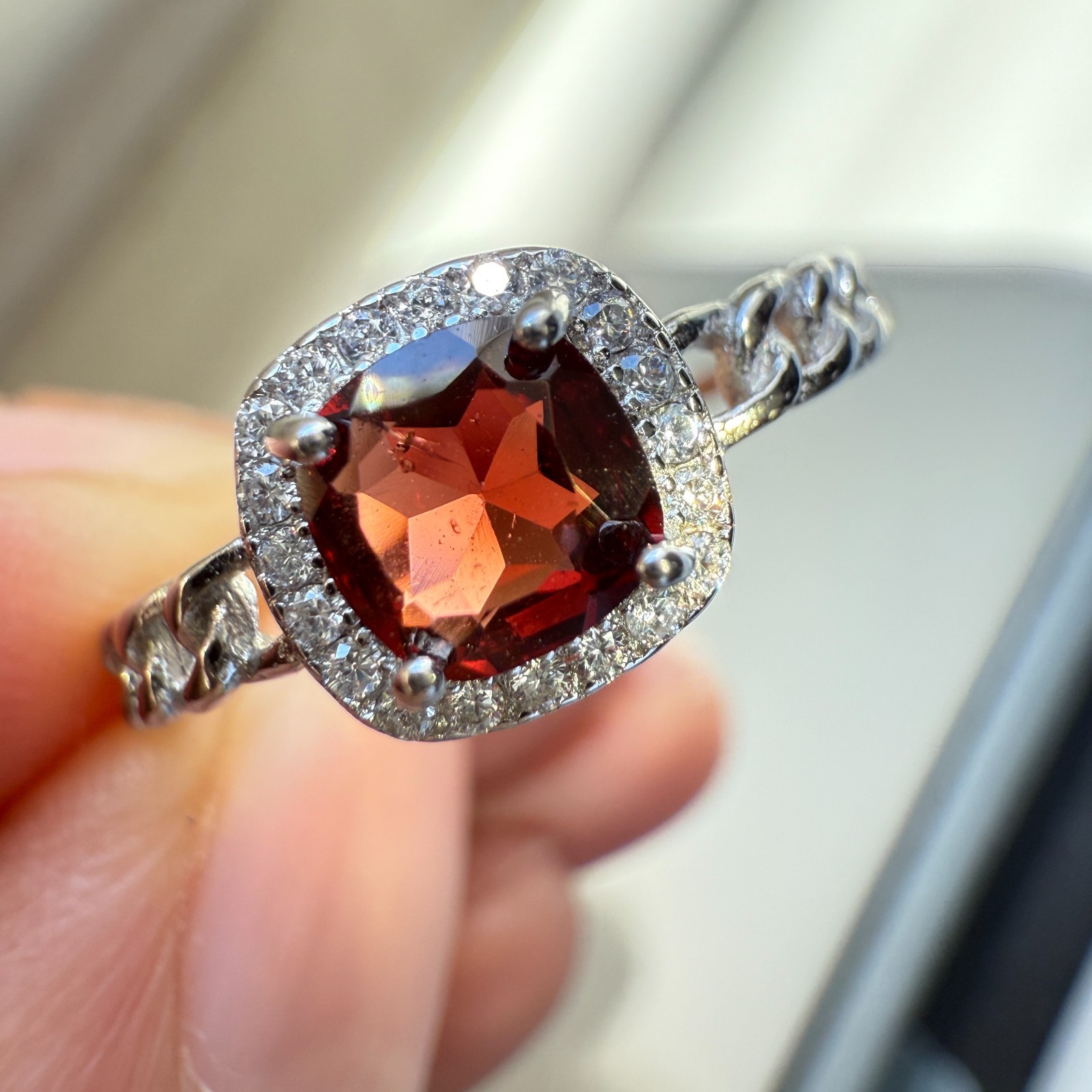 925 Sterling Silver Ring 5mm Natural Rhodolite Garnet Zircon Handmade Chain Gift